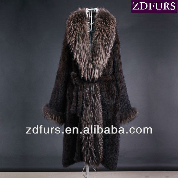 Free Shipping Knitted Mink Fur Garment with Raccoon Trimmings Long Style Brown/Black ZDKM-2013