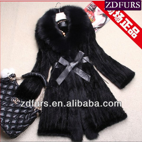 Free Shipping Knitted Mink Fur Garment with Super Large Fox Trimmings Long Style Brown ZDKM-2023