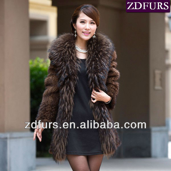 Free Shipping Knitted Mink Fur Garment with Super Large Raccoon Trimmings Long Style Brown ZDKM-2028