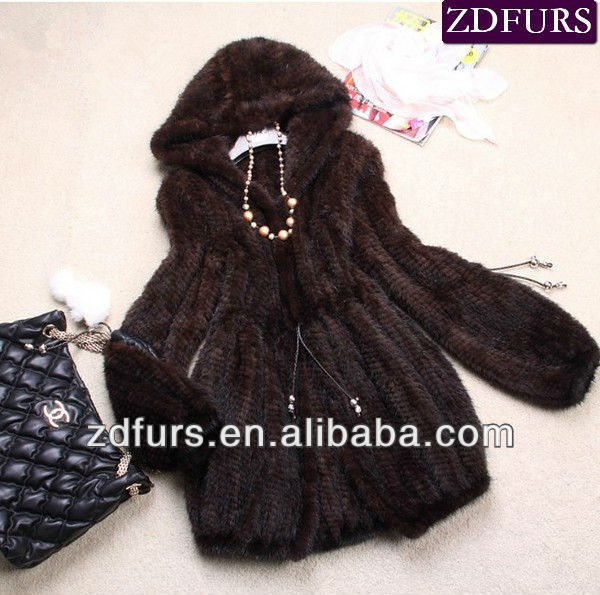 Free Shipping Knitted Mink Fur Jacket Brown with Hood ZDKM-2039