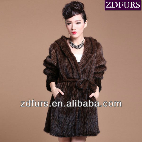 Free Shipping Knitted Mink Fur Jacket Brown with Hood ZDKM-2059