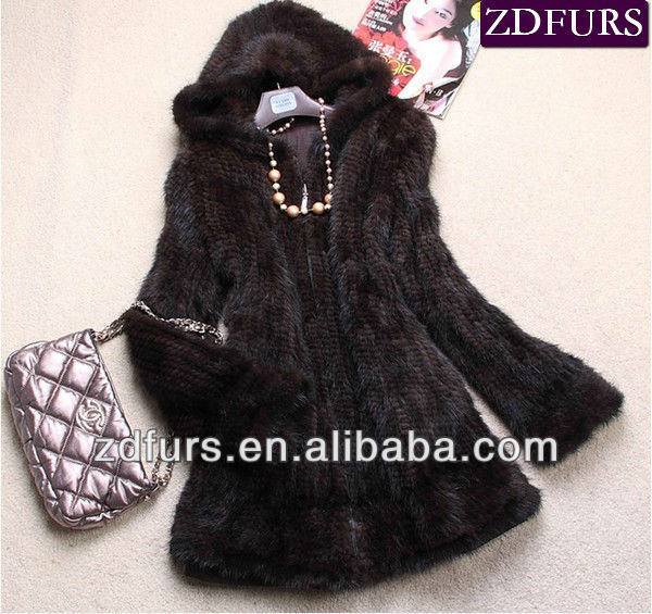 Free Shipping Knitted Mink Fur Jackets Reversible Fur Coats with Hood Brown ZDKM-2037