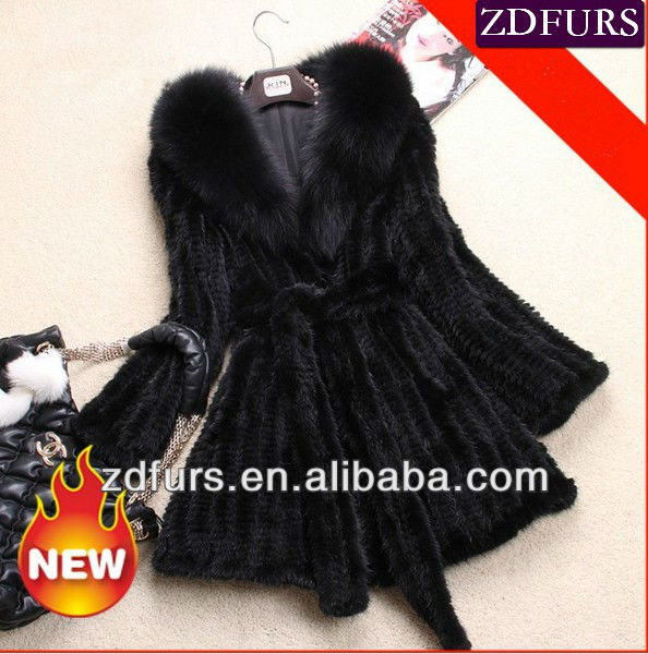 Free Shipping Knitted Mink Fur Jackets with Fox Colar Black ZDKM-2041