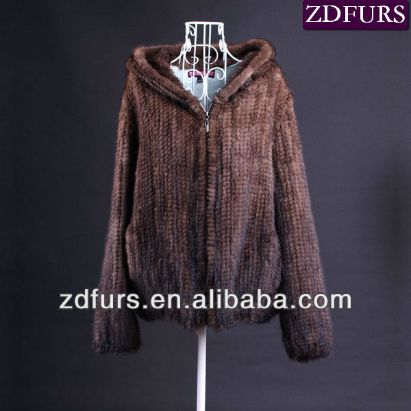 Free Shipping Knitted Mink Fur Jackets with Hood Brown/ Black ZDKM-2004