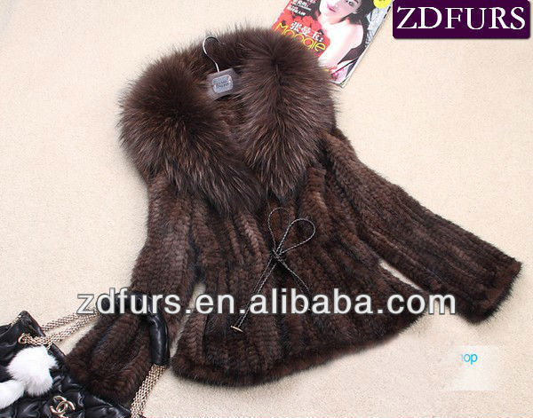 Free Shipping Knitted Mink Fur Jackets with Raccoon Collars Brown/ Black ZDKM-2004