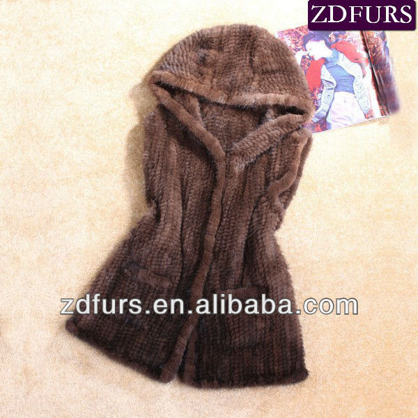 Free Shipping Knitted Mink Fur Vest Long Style Waistcoat with Hood 6 Colors ZDKM-2008