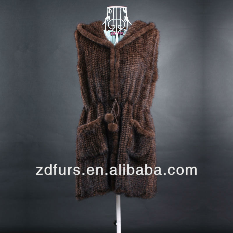 Free Shipping Knitted Mink Fur Vest Long Style Waistcoat with Hood Brown/ Red ZDKM-2003