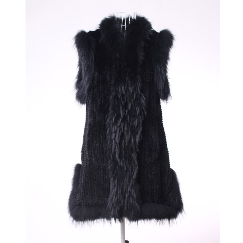 Free Shipping Knitted Mink Fur Vest Long Style Waistcoat with Raccoon Dog Trimmings 6 Colors ZDKM-2073