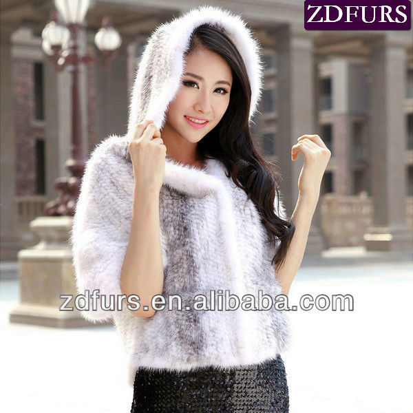 Free Shipping Knitted Mink Fur Vest Short Style Waistcoat with Hood White Half Sleeves ZDKM-2014