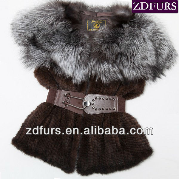 Free Shipping Knitted Mink Fur Vest with Large Fox Collar 6 Brown ZDKM-2055