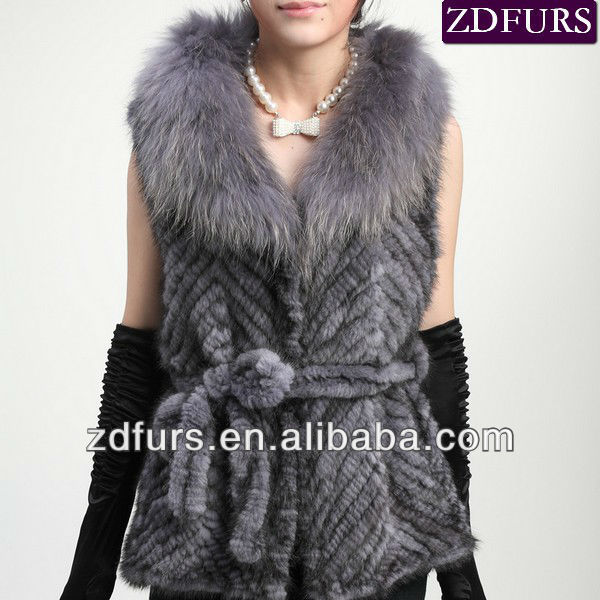 Free Shipping Knitted Mink Fur Vest with Raccoon Fur Collars Grey ZDKM-2046