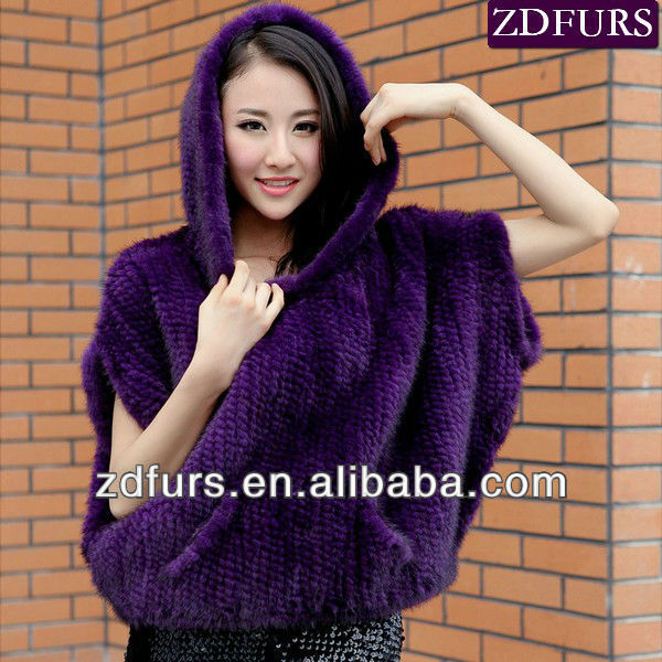 Free Shipping Knitted Mink Fur Vest Women Winter Fur Waistcoat with Hood Purple/ Red ZDKM-2018