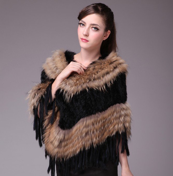 Free Shipping Knitted Rabbit Fur Cape with Raccoondog Fur Trimmings OEM Wholesale/ Retail