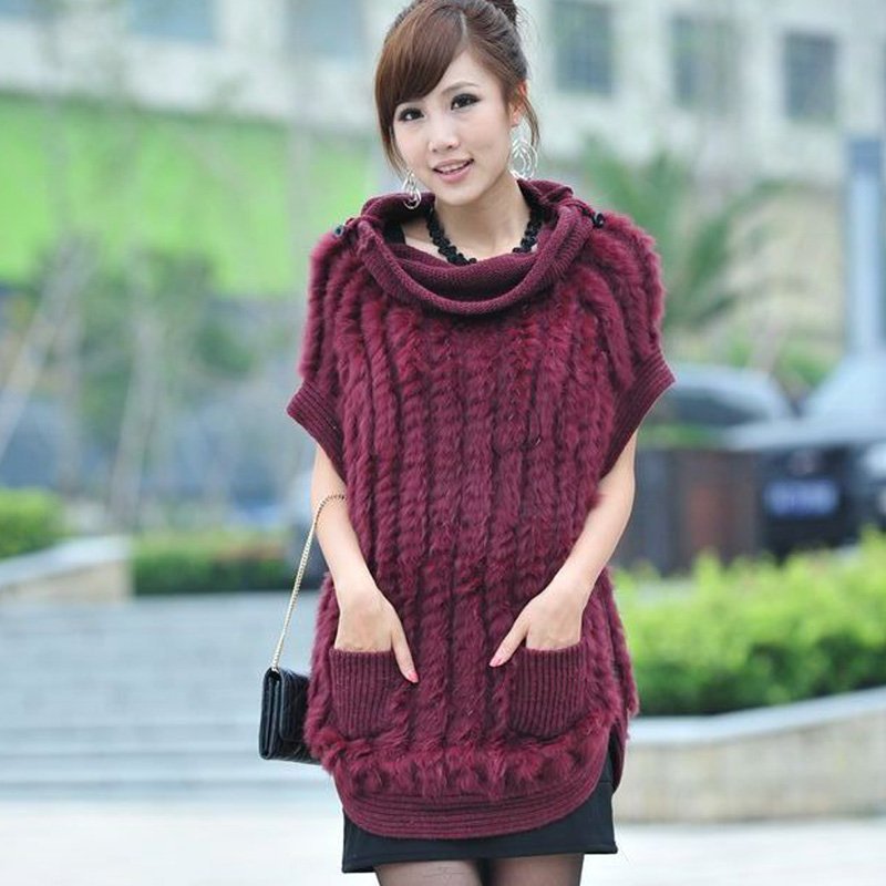 Free Shipping Knitted Rabbit Fur Vest Knitted Fur Sweater K12044# 3 Colors Long Style