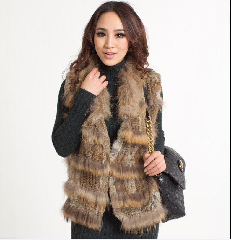 Free Shipping Knitted Rabbit Fur Vest with Raccoondog Fur Collar&Trimmings