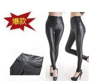 free shipping  Knitting free shipping +Wholesale Shiny Metallic High Waist Black Stretch Leather Leggings/Tights/Pants