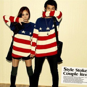 Free Shipping korea design Women's fashion long sleeve o-neck pullovers lady's casual star red white striped sweaters