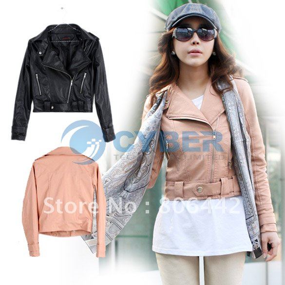 Free Shipping Korea Lady Women's Slim OL Zipper Pattern Faux Leather Fashion Jacket Coat Outwear 2 Colors