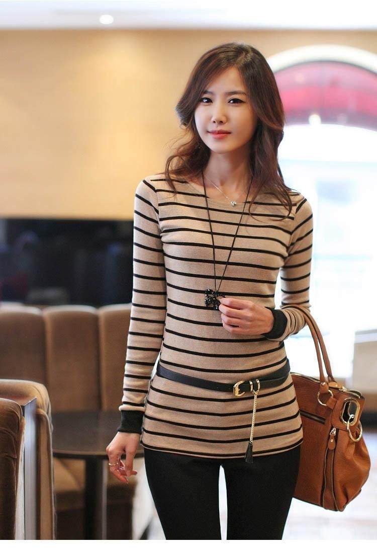 Free shipping,korea o neck  long sleeve striped women' t shirts,fashion tops,2 colors,Wholesale&Retail