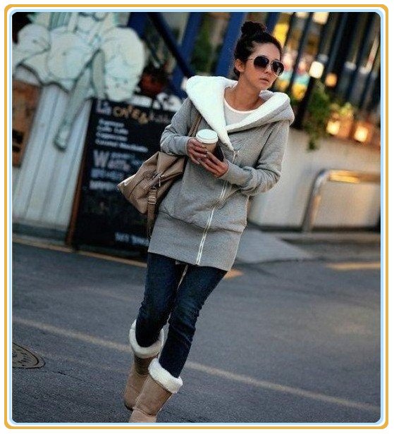 FREE SHIPPING Korea Women Hoodies Coat Warm Zip Up Outerwear#A32