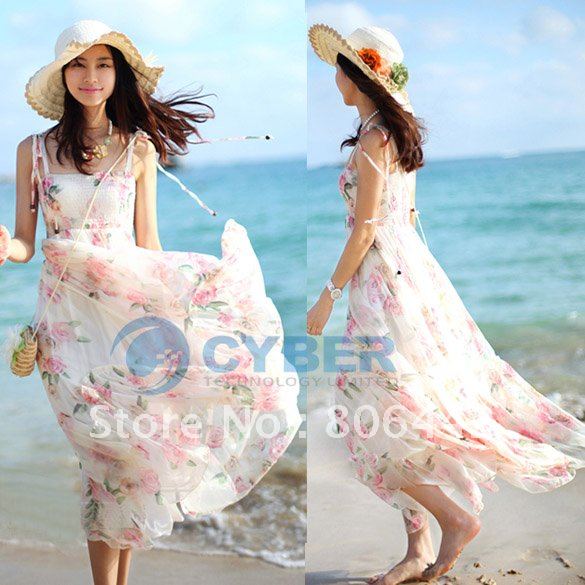 Free Shipping Korea Women's Beach Bohemian Maxi Chiffon Fashion Long Summer Dress Skirt