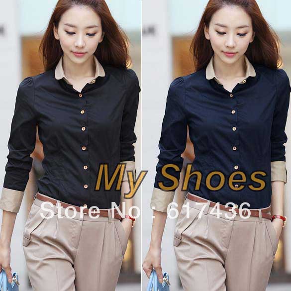 free shipping Korea Women's Long Sleeve OL Blouse/ Shirts/ Tops Black,blue S,M,L,XL  7748