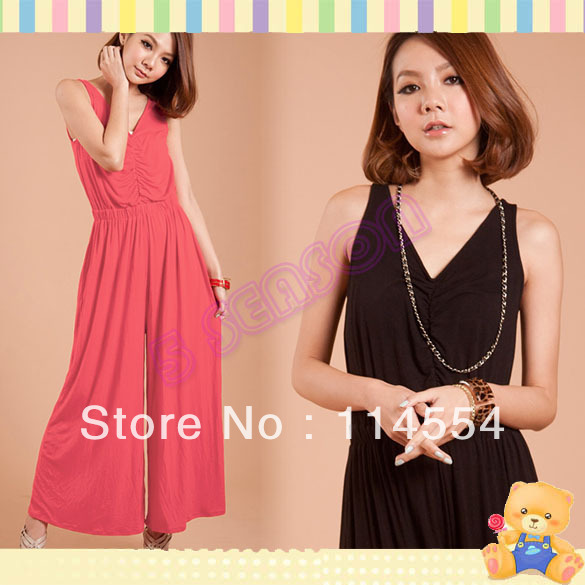 Free Shipping Korea Women's Sexy Deep V-Neck Sleeveless Ruching Jumpsuit 2 Colors 11016