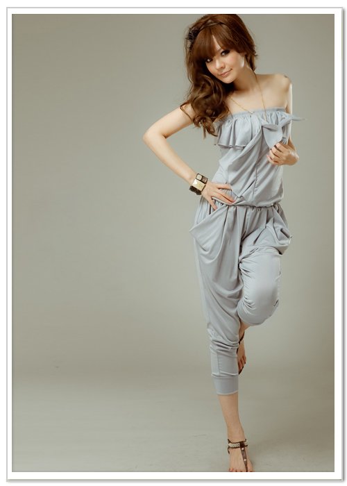 Free Shipping Korea Womens Jumpsuit Strapless Ruffle Trim Pant 127207 www. alibaba.com