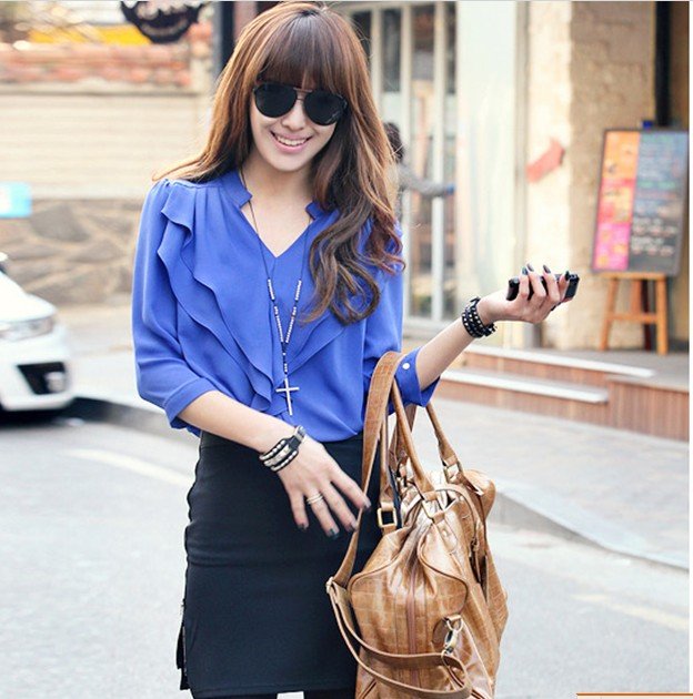 Free Shipping Korea Womens Shirt New V Collar Flouncing Seven Sleeve Navy Blue Chiffon ShirtS Blouse