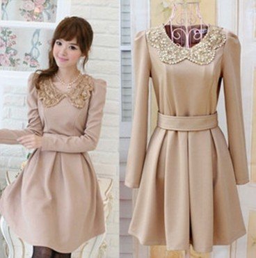 Free Shipping Korean Best-selling Puff Sleeve Paillette Collar Collect Waist Dress