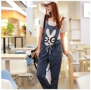 Free shipping Korean Casual Sweet Cute women's loose 'Bespectacled rabbit' denim bib long pants jumpsuit