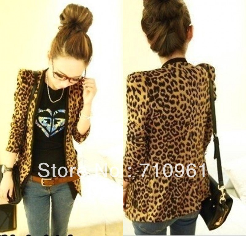 Free shipping Korean coat shoulder pads suede leopard Slim suit jacket New women outerwear S M L size