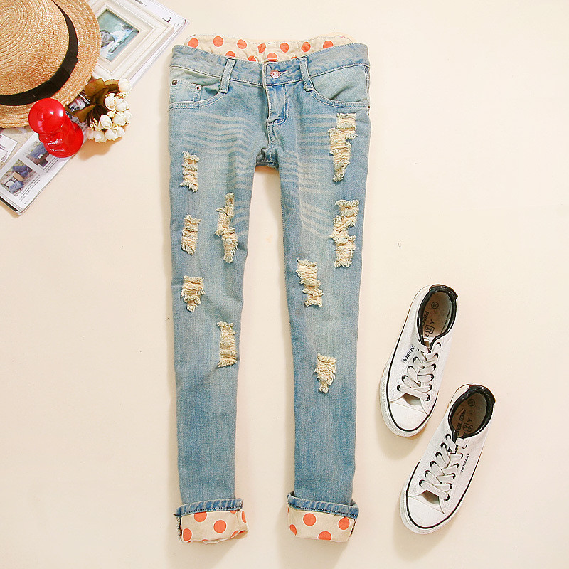 Free shipping korean design women's Slim Jeans Pencil Pants Hole Crimping denim trousers lady cropped jeans