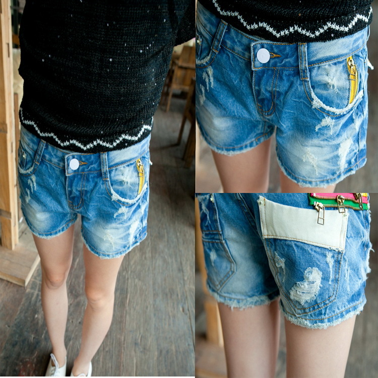 Free shipping Korean Fashion water wash distrressed denim shorts female classic jeans shorts zipper applique Decoration jeans