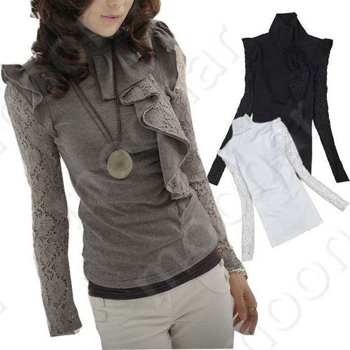 Free Shipping Korean Ladies Lace Standing Collar Top Lace Shirt Long Sleeve Blouse Casual Autumn Shirt E0394