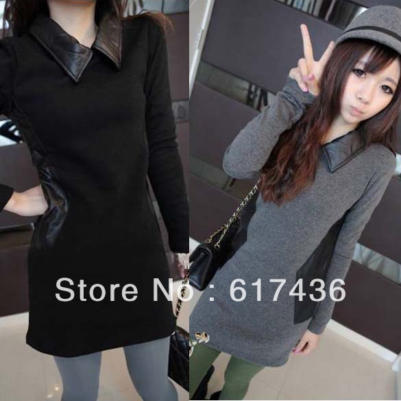 Free shipping Korean ladies women leather stitching cool lapel fleece thickening fake two-piece t-shirt W21649