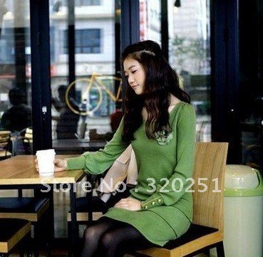 free shipping Korean long-sleeved flower decoration round neck Slim T dress Skirts  WKA001