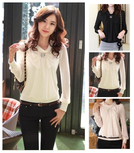 Free shipping Korean style 2012 autumn elegant shirt female long-sleeve bow chiffon female shirt 3 colors S, M, L, XL, XXL size