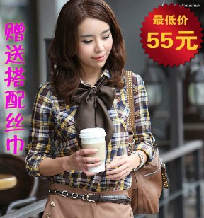 Free shipping,Korean style 2012 autumn gentlewomen fashion  plaid shirt silk scarf,yellow/orange/purple 3colors,S~XL sizes