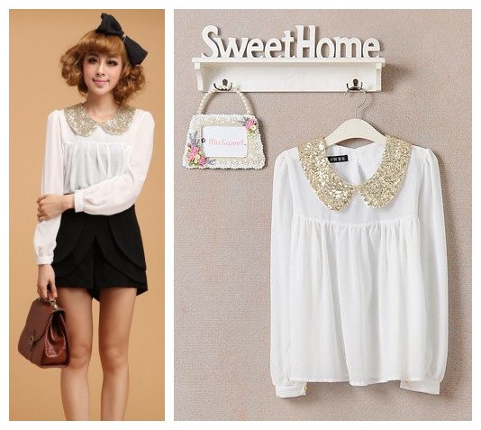 Free shipping, Korean style 2012 Autumn sweet cute long-sleeve women chiffon loose shirt /blouses, white color, M, L sizes