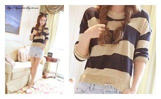 Free shipping, Korean style, 2012  hollow out colorful stripe loose casual women pullovers sweater/ knitwear, 1 color Free size