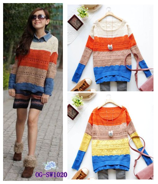 Free shipping, Korean style, 2012  hollow out colorful stripe loose casual women pullovers sweater/ knitwear, 2colors Free size