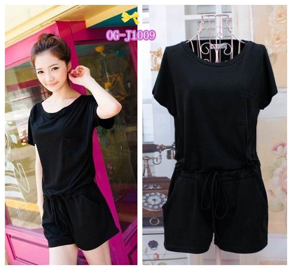 free shipping Korean style  2012 new hot popular O-neck Jumpsuit  short ,black color free size