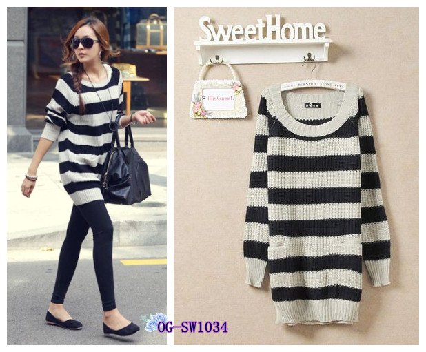 Free shipping, Korean style, 2012  stripe pocket loose casual women pullovers sweater/ knitwear, 1color Free size