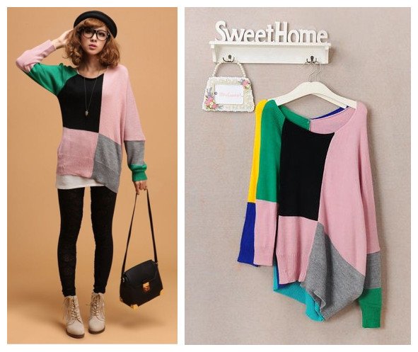 Free shipping Korean style 2012 women's autumn all-match block decoration irregular loose knitted sweater 2 colors F size