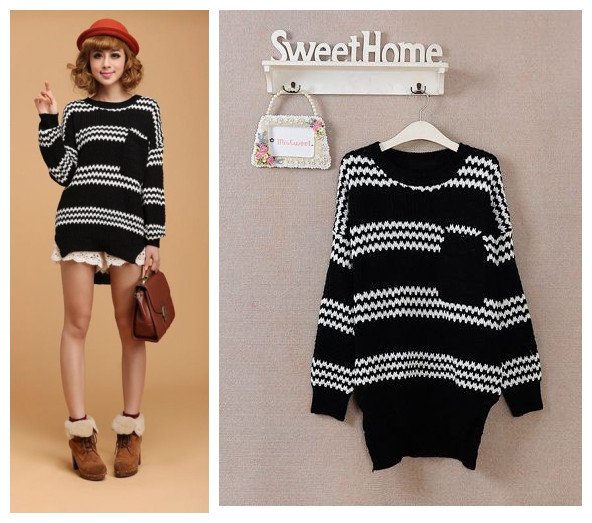 Free shipping Korean style 2012 women's autumn and winter all-match elegant stripe irregular long design sweater black F size