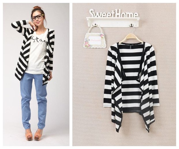 Free shipping Korean style 2012 women's autumn elegant stripe large lapel cardigan outerwear black and white stripe F size