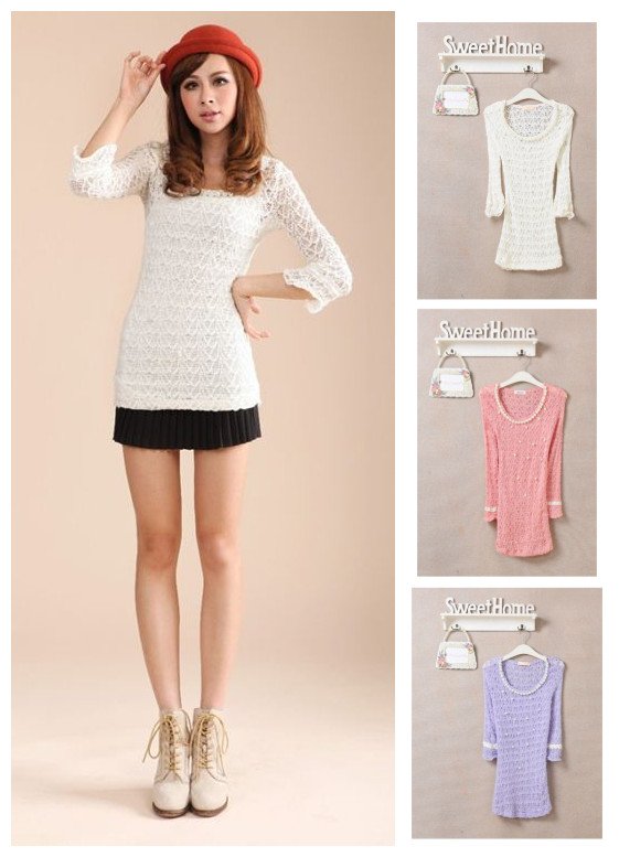 Free shipping Korean style 2012 women's autumn sweet all-match beading slim three quarter sleeve knitted sweater 3 colors F