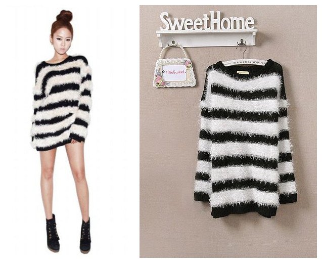 Free shipping Korean style 2012 Women's hot-selling stripe loose o-neck long-sleeve casual sweater black and white color F size