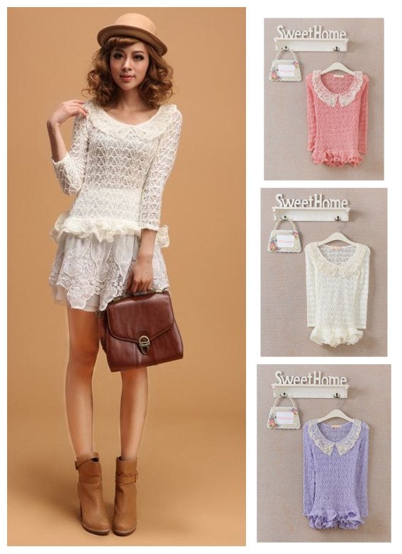 Free shipping Korean style 2012 women's sweet princess peter pan collar ruffle long-sleeve knitted sweater 3 colors F size